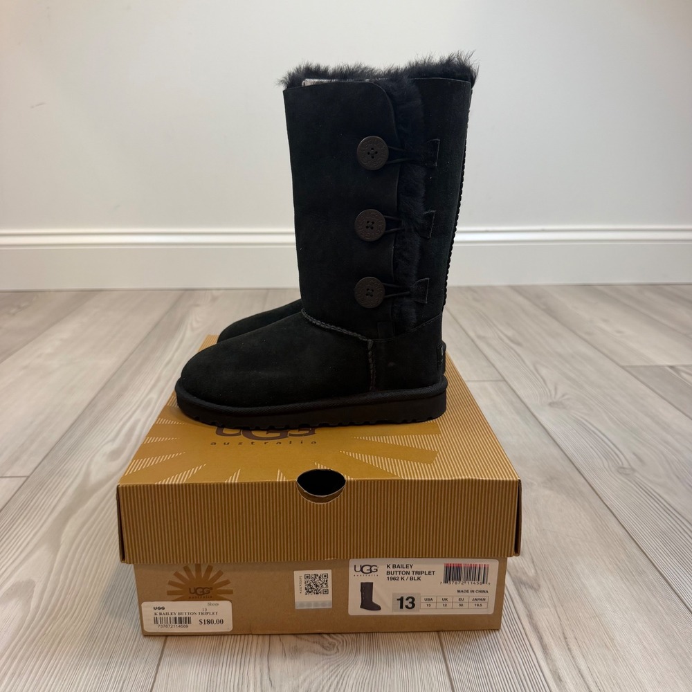 NEW UGG K Bailey Button Triplet Black Suede Tall Boots 1962 Kids Size 13